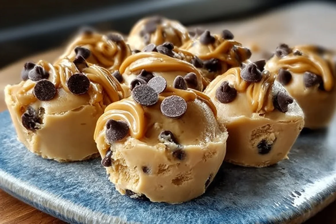 Frozen Greek yogurt peanut butter bites with chocolate chips on a plate