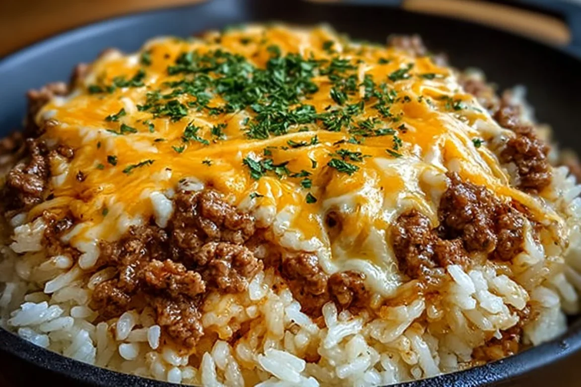 Garlic Butter Beef and Rice Skillet topped with Cheddar Parmesan Sauce