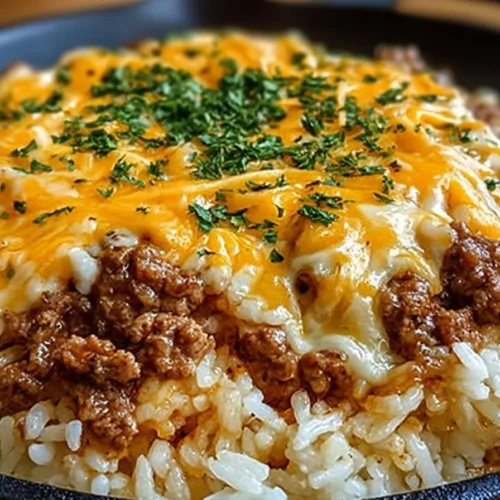 Garlic Butter Beef and Rice Skillet topped with Cheddar Parmesan Sauce