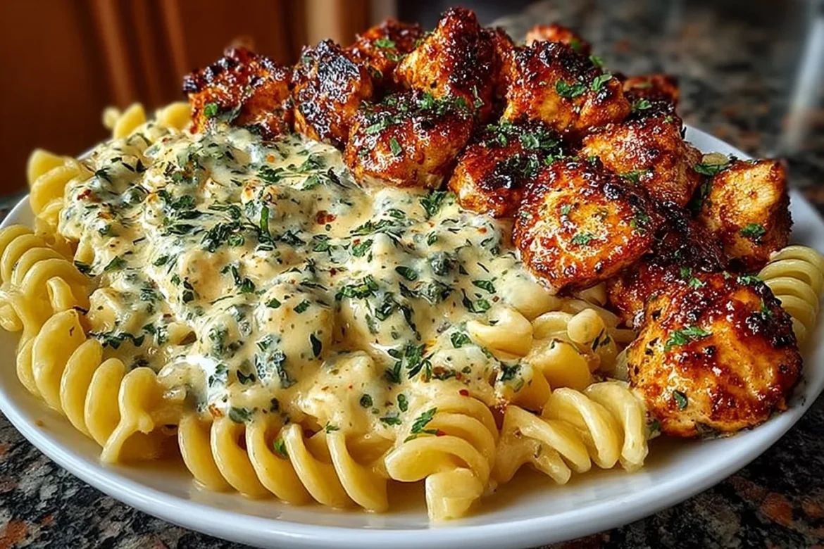 Garlic Butter Chicken Bites with Spicy Cajun Alfredo Twisted Pasta on a plate