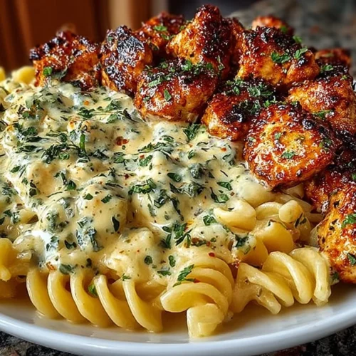 Garlic Butter Chicken Bites with Spicy Cajun Alfredo Twisted Pasta on a plate