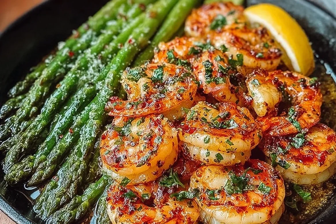 Delicious garlic butter shrimp with asparagus served on a plate