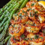 Delicious garlic butter shrimp with asparagus served on a plate