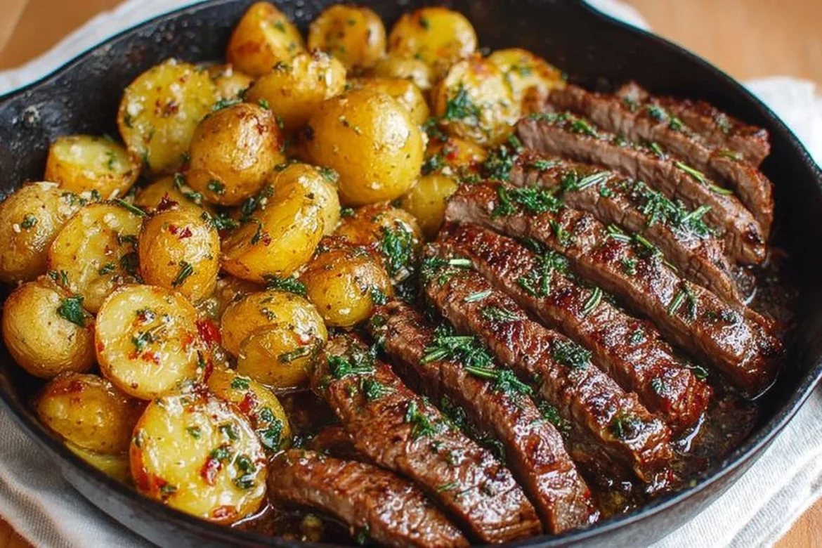 Garlic Butter Steak and Potatoes Skillet served in a cast-iron pan