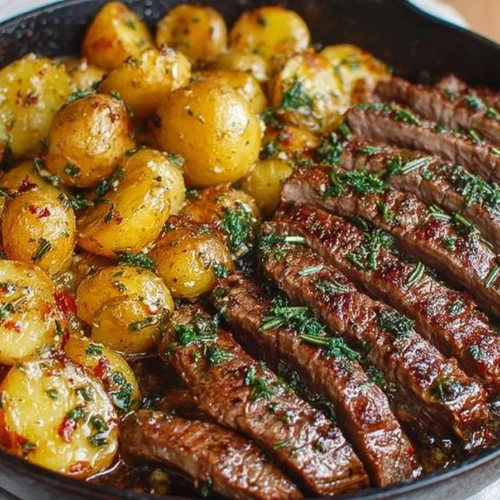 Garlic Butter Steak and Potatoes Skillet served in a cast-iron pan