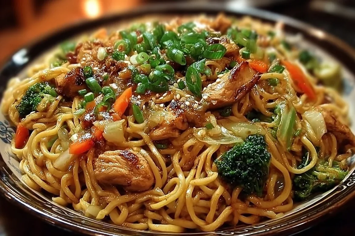 Delicious Garlic Chicken Lo Mein served in a bowl with colorful vegetables.