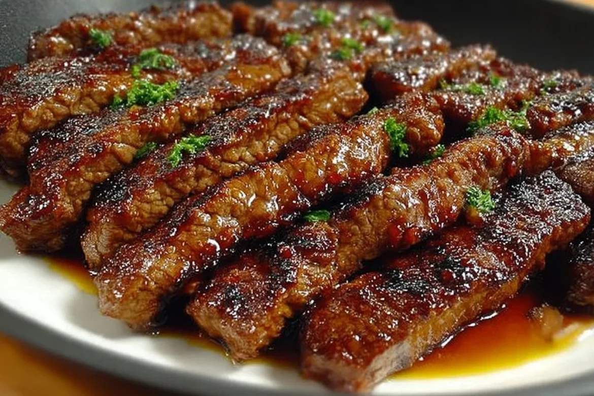 Grill pan honey glazed steak strips served on a plate