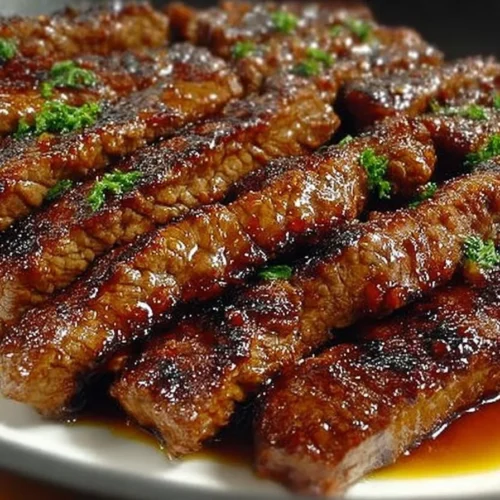 Grill pan honey glazed steak strips served on a plate