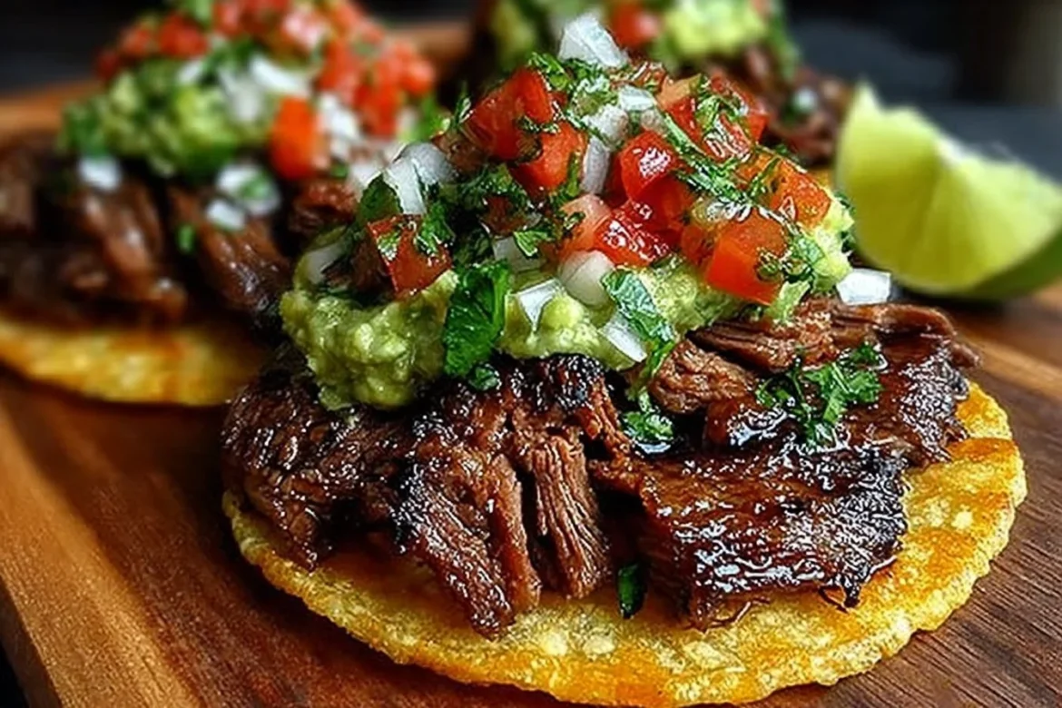 Grilled beef tostadas topped with fresh vegetables and salsa