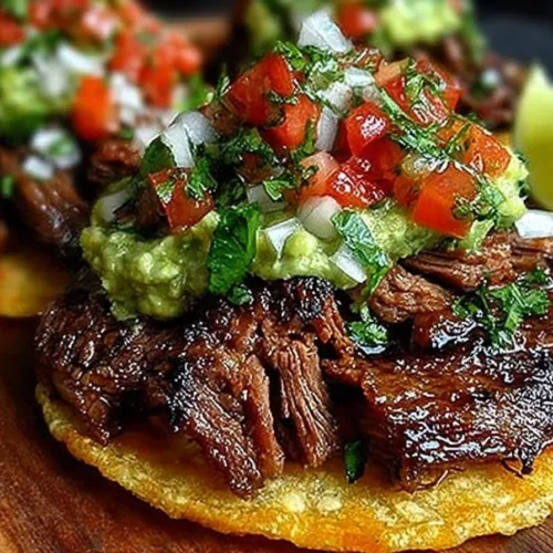 Grilled beef tostadas topped with fresh vegetables and salsa