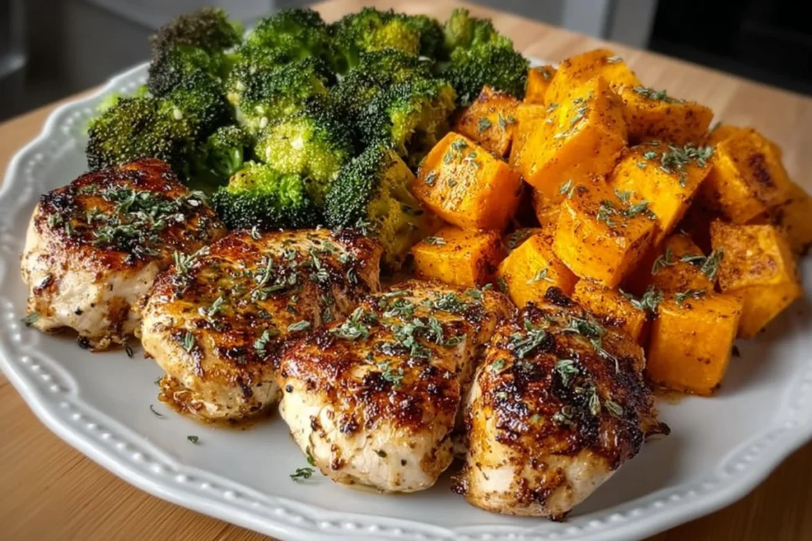 Grilled chicken served with roasted broccoli and sweet potatoes