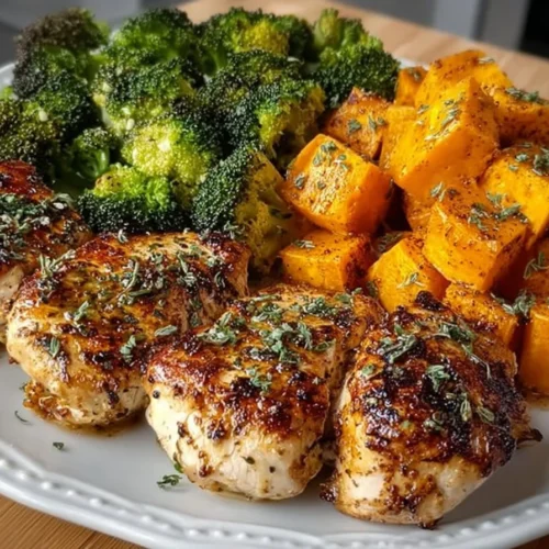 Grilled chicken served with roasted broccoli and sweet potatoes