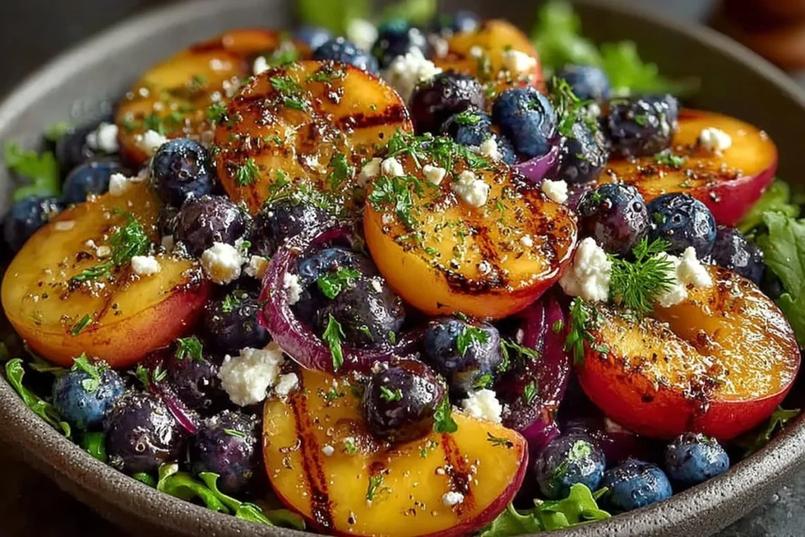 Grilled peach blueberry salad served in a bowl with fresh greens and nuts