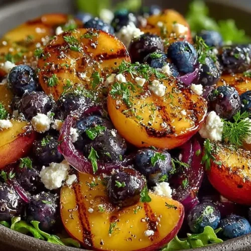 Grilled peach blueberry salad served in a bowl with fresh greens and nuts