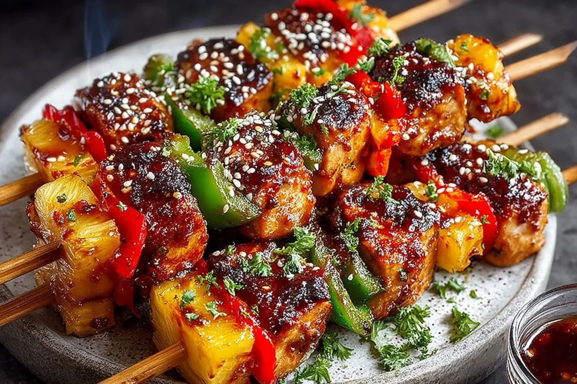 Grilled pineapple chicken kabobs with teriyaki sauce on a platter