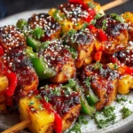 Grilled pineapple chicken kabobs with teriyaki sauce on a platter