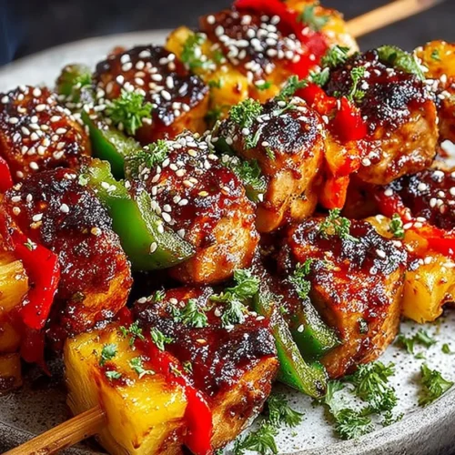 Grilled pineapple chicken kabobs with teriyaki sauce on a platter