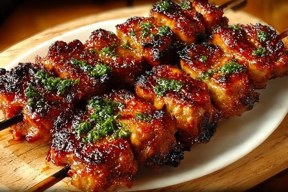 Grilled Thai Coconut Chicken Skewers garnished with herbs on a plate