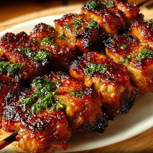 Grilled Thai Coconut Chicken Skewers garnished with herbs on a plate