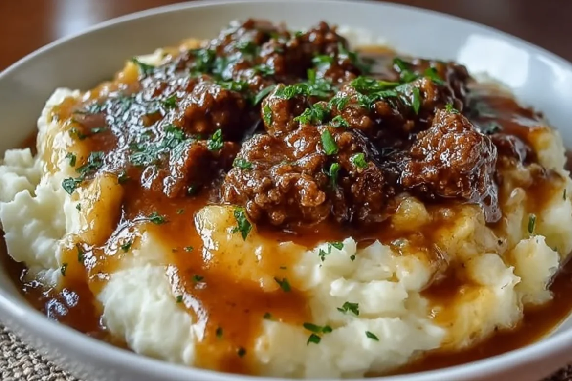 Ground beef and gravy served over mashed potatoes in a delicious dish