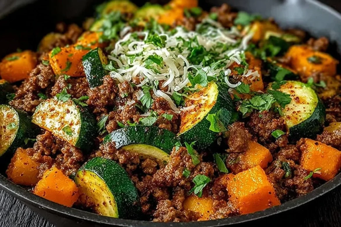 Ground beef skillet with zucchini and sweet potatoes in a cast iron pan