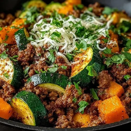 Ground beef skillet with zucchini and sweet potatoes in a cast iron pan