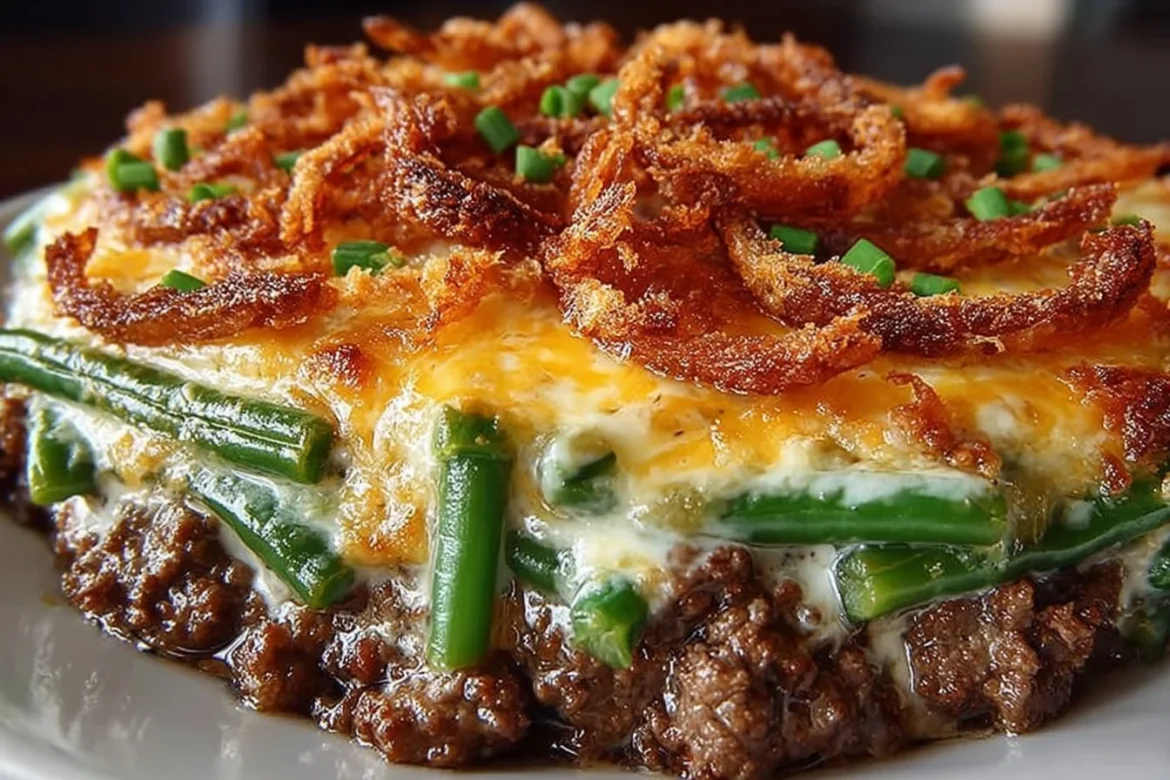 Delicious Hamburger Green Bean Casserole in a baking dish ready to serve.