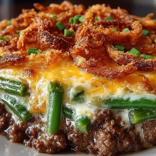 Delicious Hamburger Green Bean Casserole in a baking dish ready to serve.