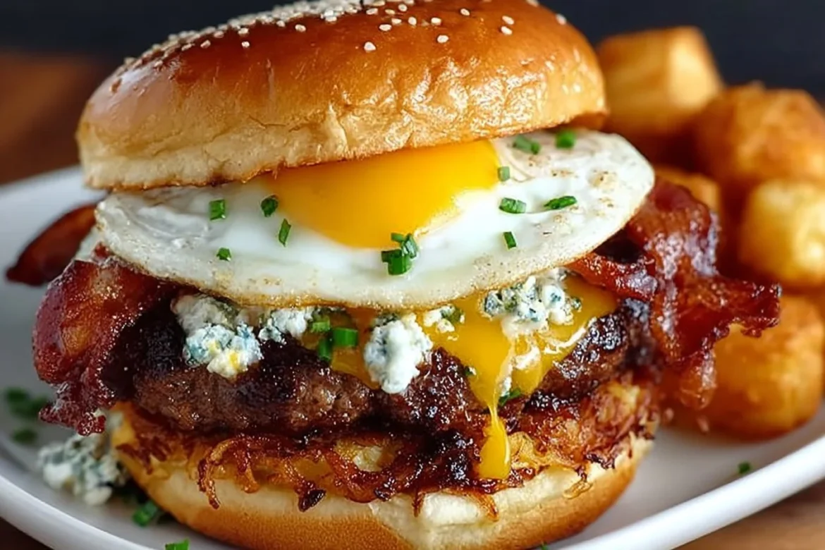 Delicious Hangover Burger loaded with toppings and flavors