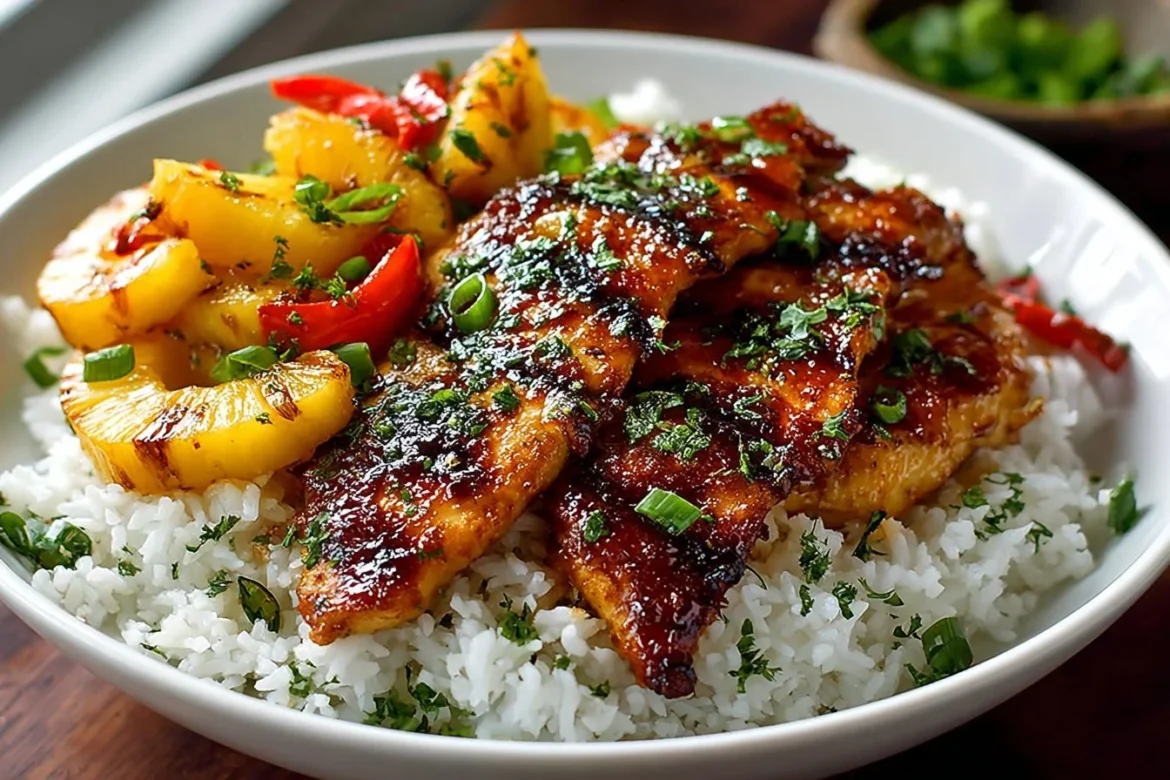 Delicious Hawaiian Chicken served with rice and garnished with pineapple and herbs