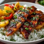 Delicious Hawaiian Chicken served with rice and garnished with pineapple and herbs