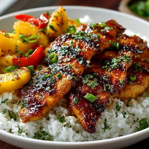 Delicious Hawaiian Chicken served with rice and garnished with pineapple and herbs