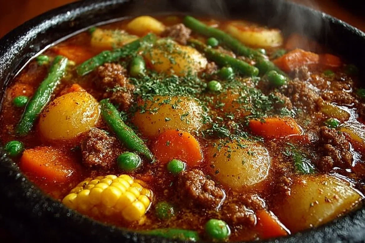 Delicious hearty campfire stew simmering over an open flame