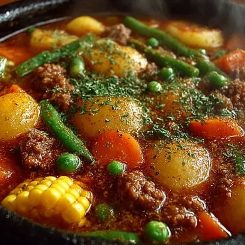 Delicious hearty campfire stew simmering over an open flame