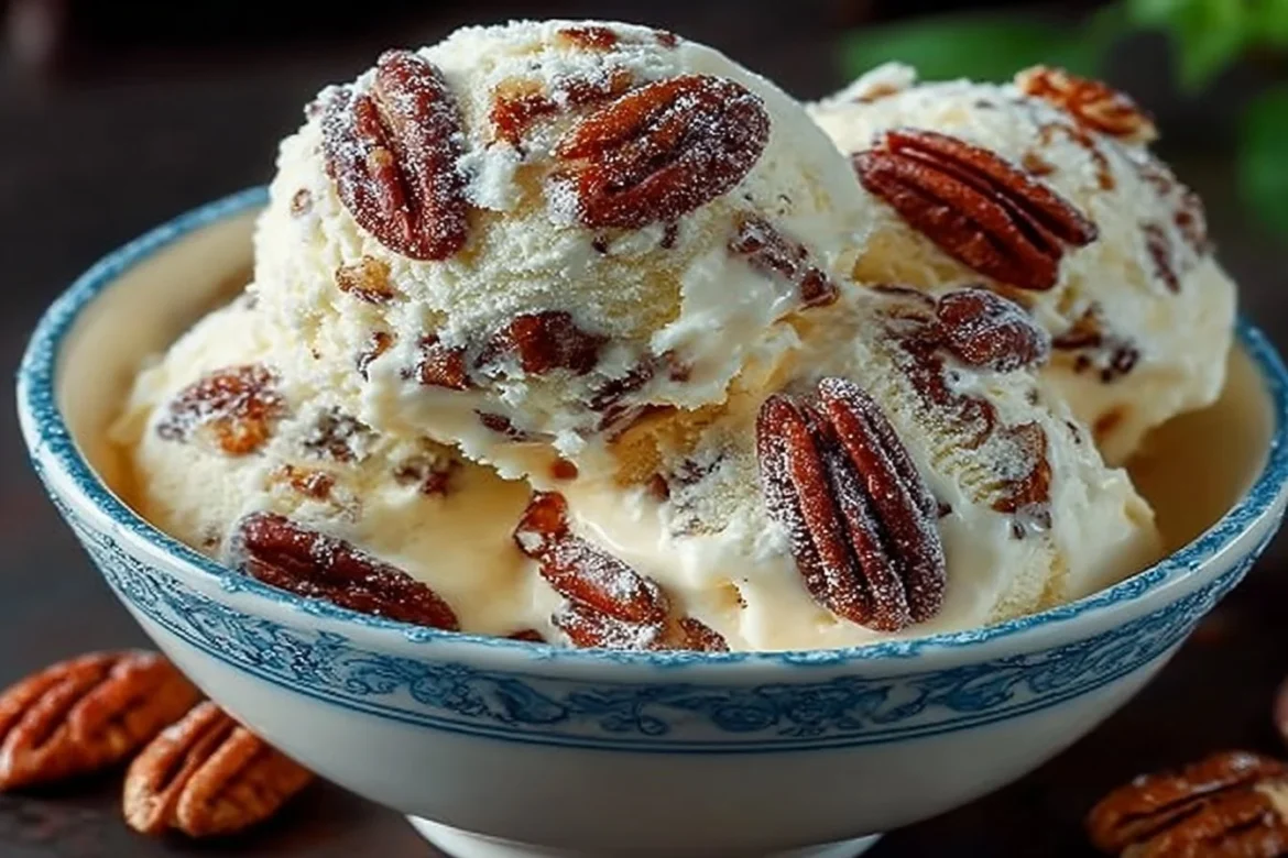 Bowl of creamy homemade butter pecan ice cream with pecans on top