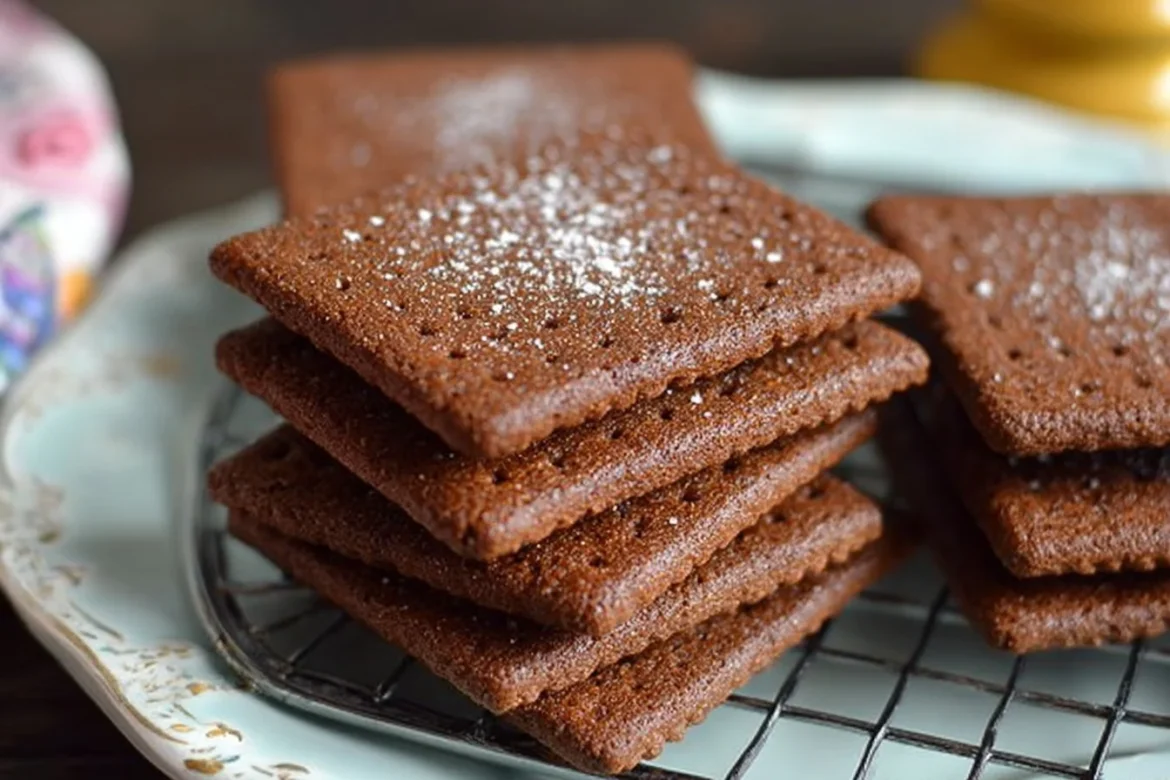 Homemade chocolate graham crackers on a rustic wooden table
