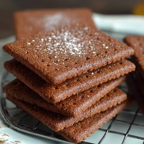 Homemade chocolate graham crackers on a rustic wooden table
