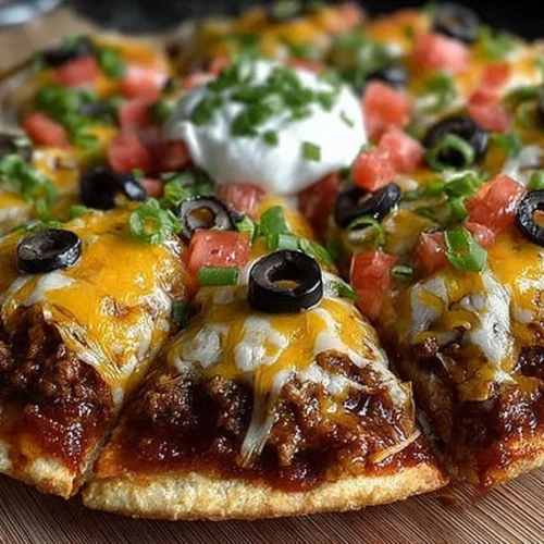 Delicious homemade Mexican pizza topped with fresh ingredients and spices