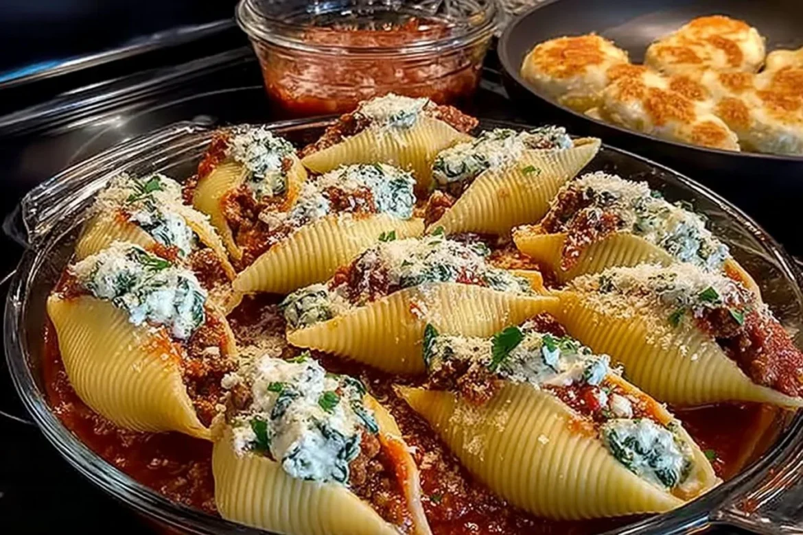 Delicious homemade stuffed shells filled with cheese and herbs served on a plate