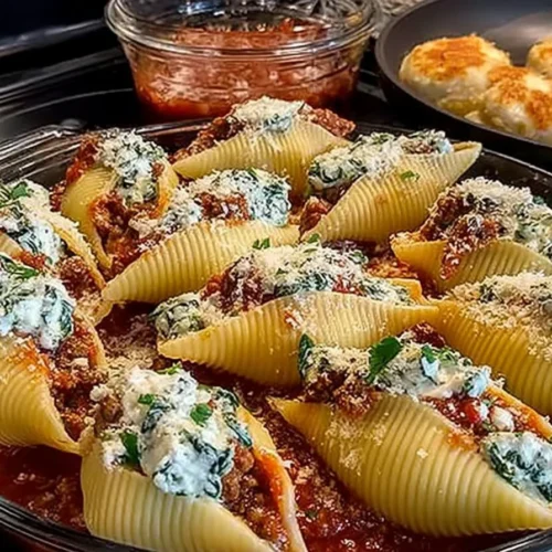 Delicious homemade stuffed shells filled with cheese and herbs served on a plate