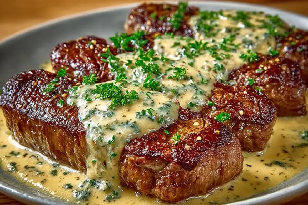 Juicy steak served with a rich creamy garlic sauce on a plate
