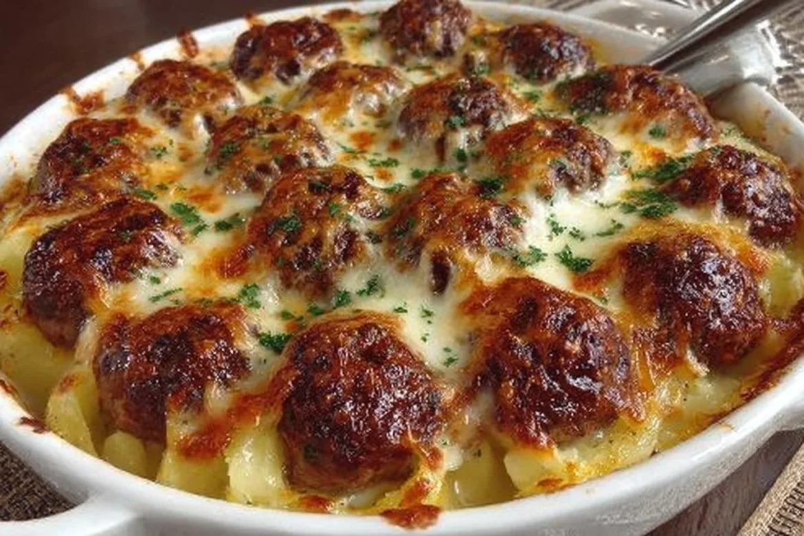 Layered potatoes and meatballs dish served in a rustic style.