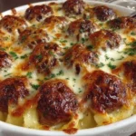 Layered potatoes and meatballs dish served in a rustic style.