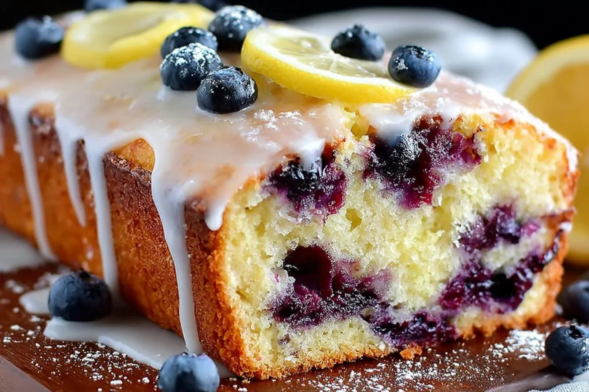 Slice of moist Lemon Blueberry Bread with fresh blueberries and lemon zest