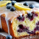 Slice of moist Lemon Blueberry Bread with fresh blueberries and lemon zest
