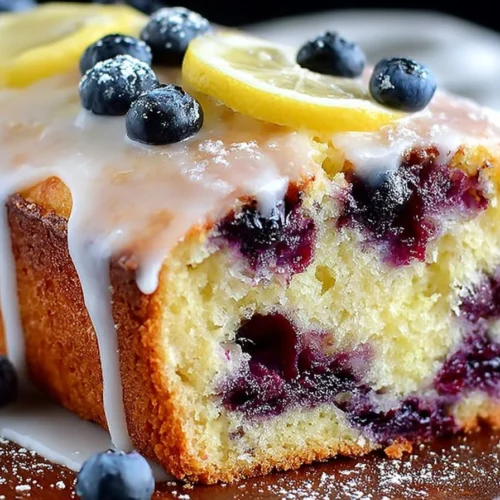 Slice of moist Lemon Blueberry Bread with fresh blueberries and lemon zest