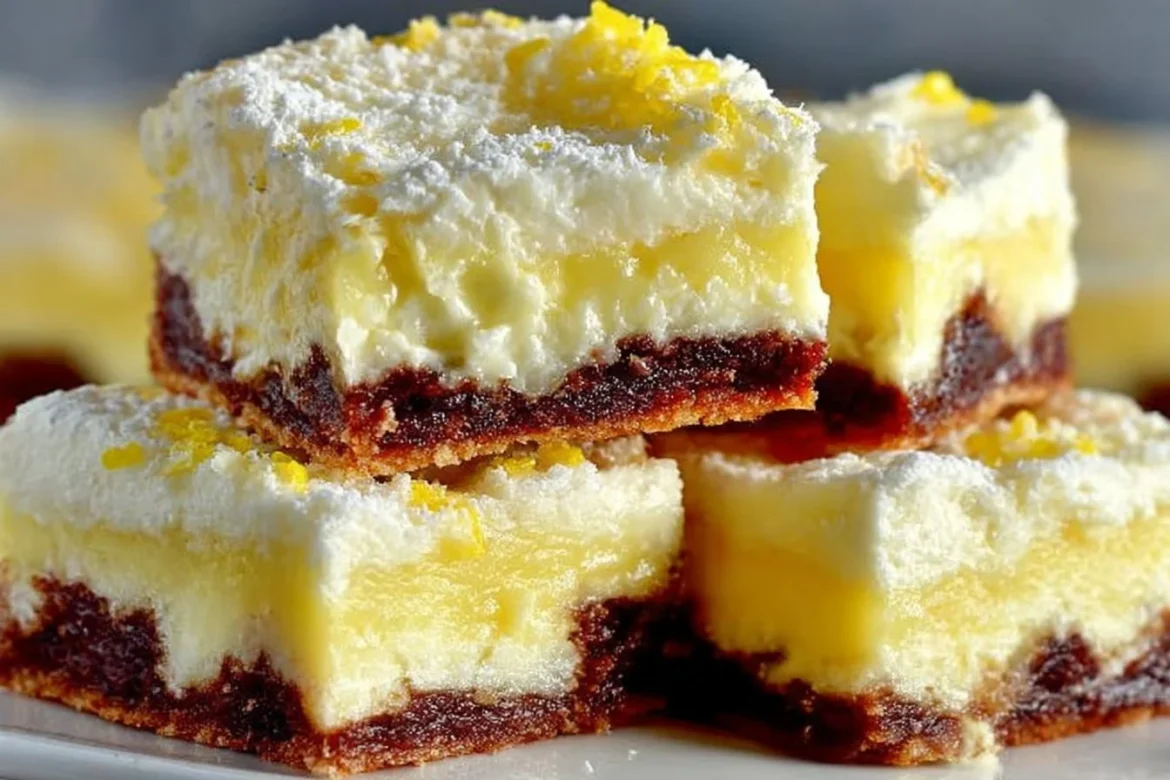 Lemon Cream Cheese Brownies topped with lemon zest and cream cheese frosting