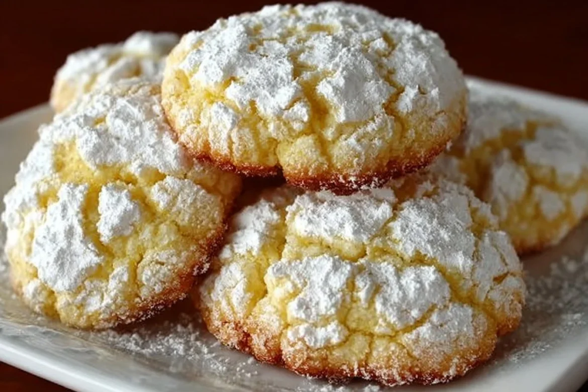 Freshly baked lemon crinkle cookies dusted with powdered sugar