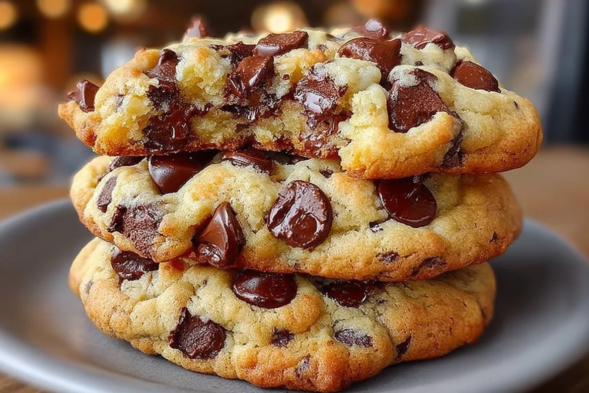 Delicious Levain Bakery chocolate chip cookies stacked on a wooden table