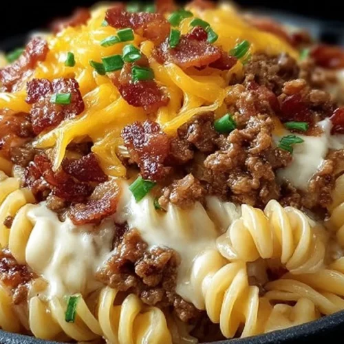 Loaded Bacon Cheeseburger Pasta Skillet in a pan with cheese and bacon